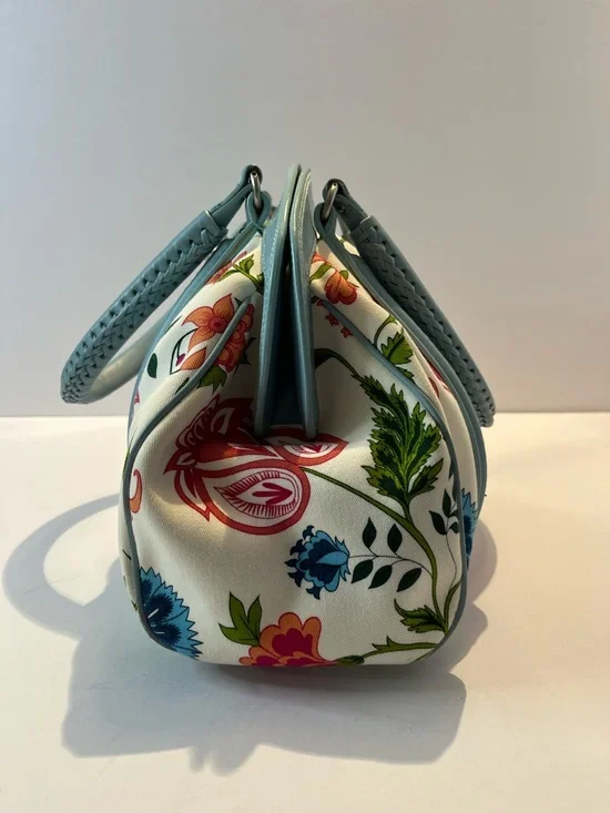 Authentic Christian Dior Floral Canvas Boston Bag Blue Leather Trim w/ Dust Bag - Picture 6 of 15